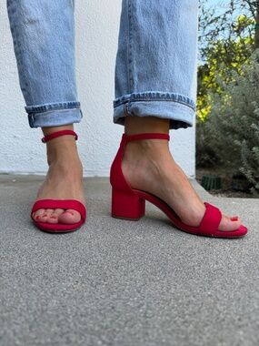 Red Ankle Strap Block Heel